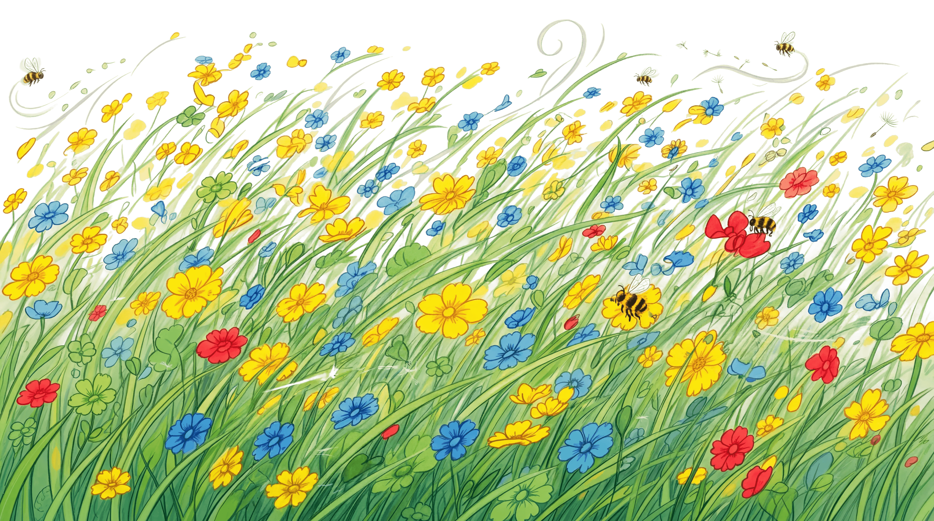 A watercolor meadow of buttercups, cornflowers, poppies, grasses, bees, and dandelion seeds